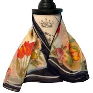 Vintage scarf, small square with the florals and fruit of summer.  Semi sheer